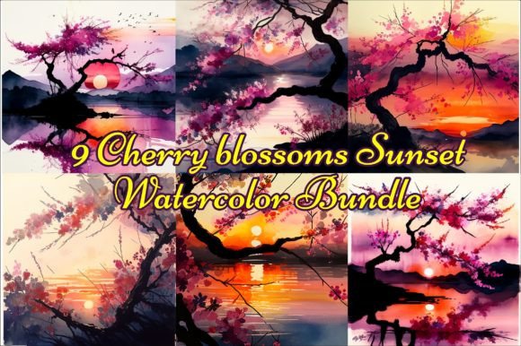 Cherry Blossoms Sunset Watercolor Bundle