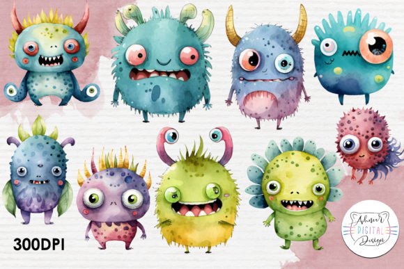 Monsters Watercolor Clipart Set