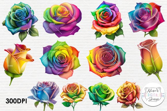 Rainbow Roses Colorful Clipart Bundle