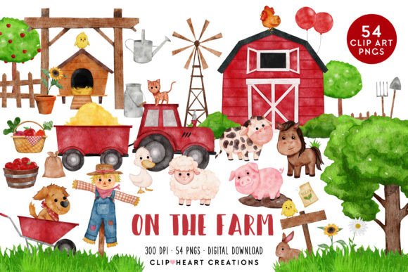 Red Farm Barnyard Watercolor Clip Art