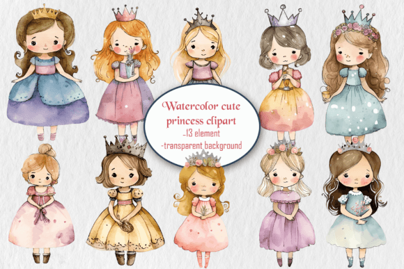 Watercolor Cute Princess Clipart PNG